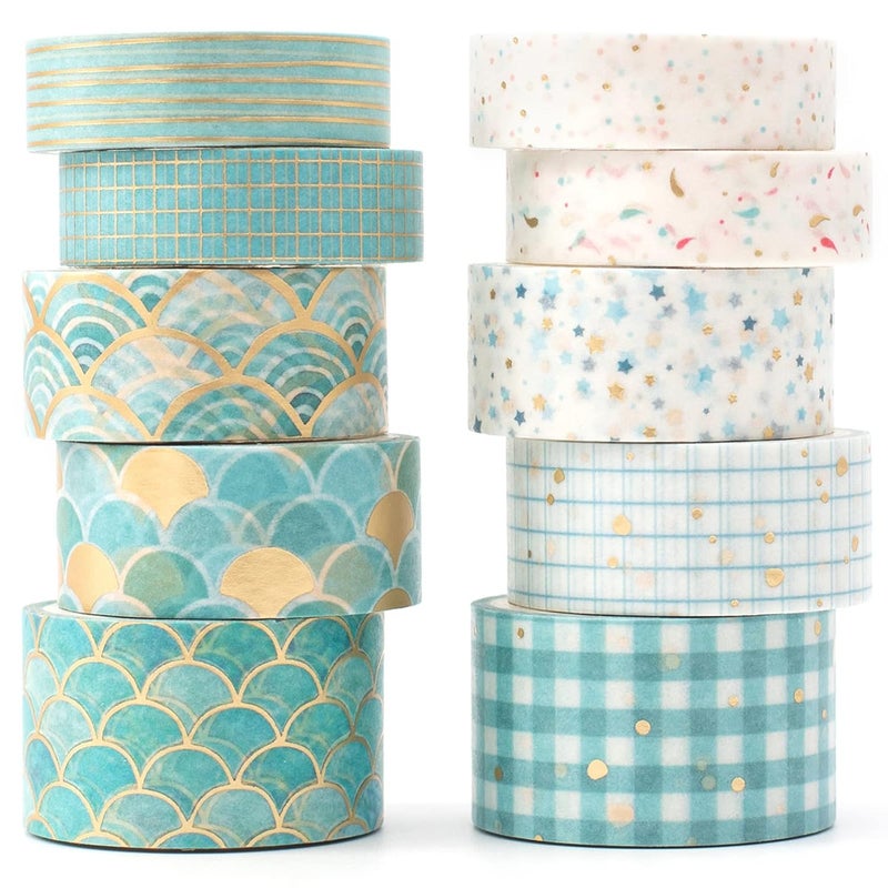 YUBX Creative Washi Tape Set 10 Rolls Gold Foil Print Decorative Masking Tapes for Arts, DIY Crafts, Journals, Planners, Scrapbook, Wrapping (Blue Melody) - Image 1